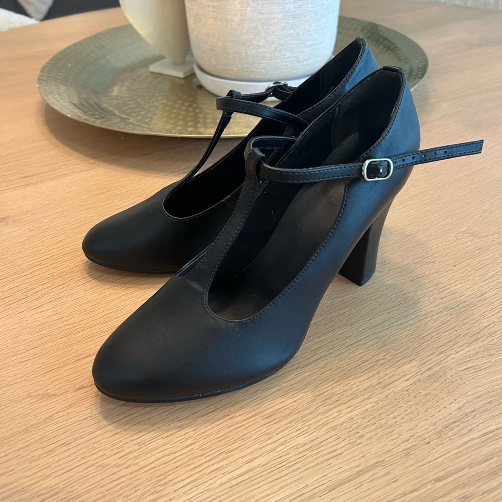 So Danca Black Leather Women's Dance Heels with Strap 10.5